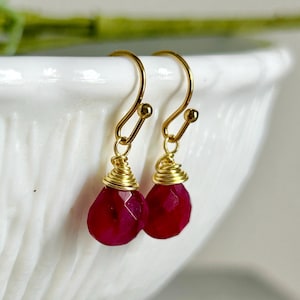 Dainty ruby gemstone earrings, July birthstone jewelry, red teardrop stone dangles, birthday gift for her