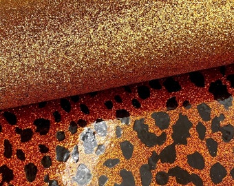 Orange leopard DOUBLE sided glitter print faux leather sheets, thin synthetic canvas vinyl fabric, diy hair bows & earrings