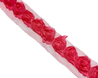 Rosa de gasa pequeña deshilachada de 1 hilera de 1,27 cm en color rosa intenso, flores de tela deshilachadas, diademas y lazos para el pelo DIY