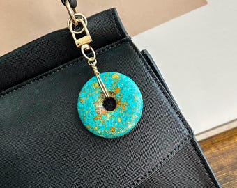 Copper turquoise magnesite gemstone keychain, wire wrapped zipper pull, large blue stone purse & bag charms, Christmas gifts under 20