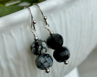Black gemstone dangle earrings, snowflake obsidian jewelry, minimalist everyday drops, Christmas gift for mom, unique beaded earrings