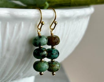 African turquoise gemstone drop earrings, earth tone dangle earrings, everyday unique stone jewelry, Christmas gift for daughter