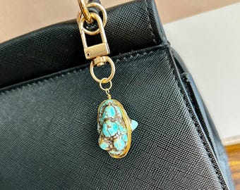Raw turquoise magnesite gemstone keychain, wire wrapped backpack zipper pull, blue purse & bag charms, Christmas stocking stuffers