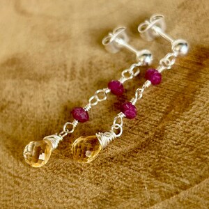 Citrine & raw ruby gemstone stud earrings, natural stone jewelry, long crystal earrings, Mothers day gift for wife, birthstone dangles