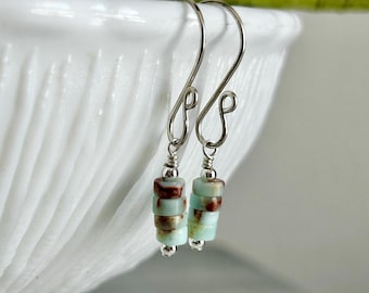 Petite aqua terra jasper gemstone earrings, natural stone jewelry, lightweight everyday dangles, colorful beaded earrings