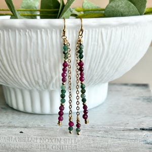Emerald & ruby chain drop earrings, personalized birthstone dangles, custom gemstone jewelry, meaningful Christmas for wife, couples jewelry