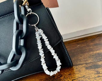 Moonstone gemstone wristlet keychain, stone bag charm, June birthstone purse accessories, beaded bracelet keychain, crystal Christmas gift