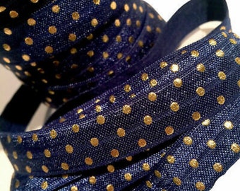 1-10 yards navy blue metallic gold chain link print 5//8/" fold over elastic FOE