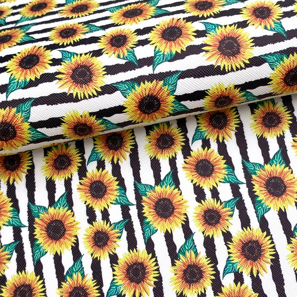 Black stripe sunflower floral printed faux leather sheets, pattern vinyl fabric, diy hair bow & earrings, craft supplies, 1/2 or full sheet