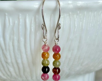 Watermelon tourmaline gemstone earrings, natural stone stick earrings, summer jewelry gift for best friend, drop earrings gift for mother