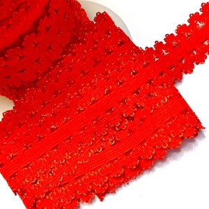 Red 7/8” picot edge lace elastic trim, 1-5 yards, FOE by the yard, diy headbands and hair ties
