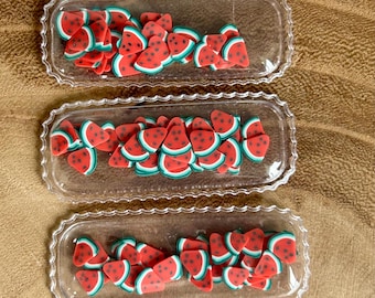 Clear watermelon 57x23mm scalloped shaker snap clip cover, clay filled resin shaker, DIY hair bow embellishment, fruit flat back shaker
