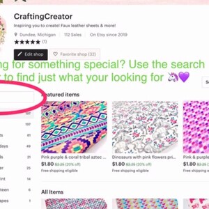 K&ouml;nnte beinhalten: Ein Screenshot eines Etsy-Shops namens Crafting Creator, der eine Suchleiste mit dem Text "Artikel suchen" und eine Liste von Artikeln zum Verkauf zeigt, darunter Kunstlederdrucke, Kunstleder-Feiertage, Kunstleder-Solide, Kunstleder-Glitter, Kunstleder-Glitterdruck, Kunstleder-Samt/Samt und zerknitterte Chiffonformen. Der Shop bietet auch eine Auswahl an vorgestellten Artikeln, darunter aztekisches Kunstleder in Pink, Lila und Koralle, Kunstleder mit Dinosaurier- und rosafarbenen Blumenprints und Kunstleder mit rosa und violetten Punkten.