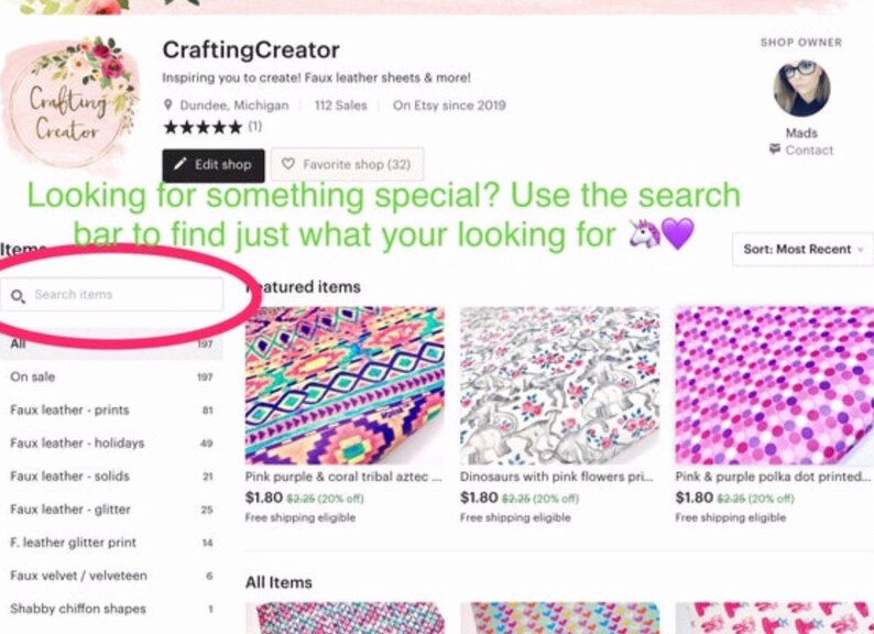 K&ouml;nnte beinhalten: Ein Screenshot eines Etsy-Shops namens Crafting Creator, der eine Suchleiste mit dem Text "Artikel suchen" und eine Liste von Artikeln zum Verkauf zeigt, darunter Kunstlederdrucke, Kunstleder-Feiertage, Kunstleder-Solide, Kunstleder-Glitter, Kunstleder-Glitterdruck, Kunstleder-Samt/Samt und zerknitterte Chiffonformen. Der Shop bietet auch eine Auswahl an vorgestellten Artikeln, darunter aztekisches Kunstleder in Pink, Lila und Koralle, Kunstleder mit Dinosaurier- und rosafarbenen Blumenprints und Kunstleder mit rosa und violetten Punkten.