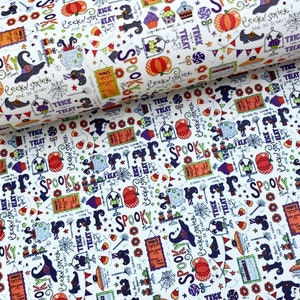 May include: White Halloween-themed fabric with a repeating pattern of pumpkins, witch hats, ghosts, and the words "Spooky" and "Trick or Treat." The design includes candy corn, spiderwebs, and other festive elements.