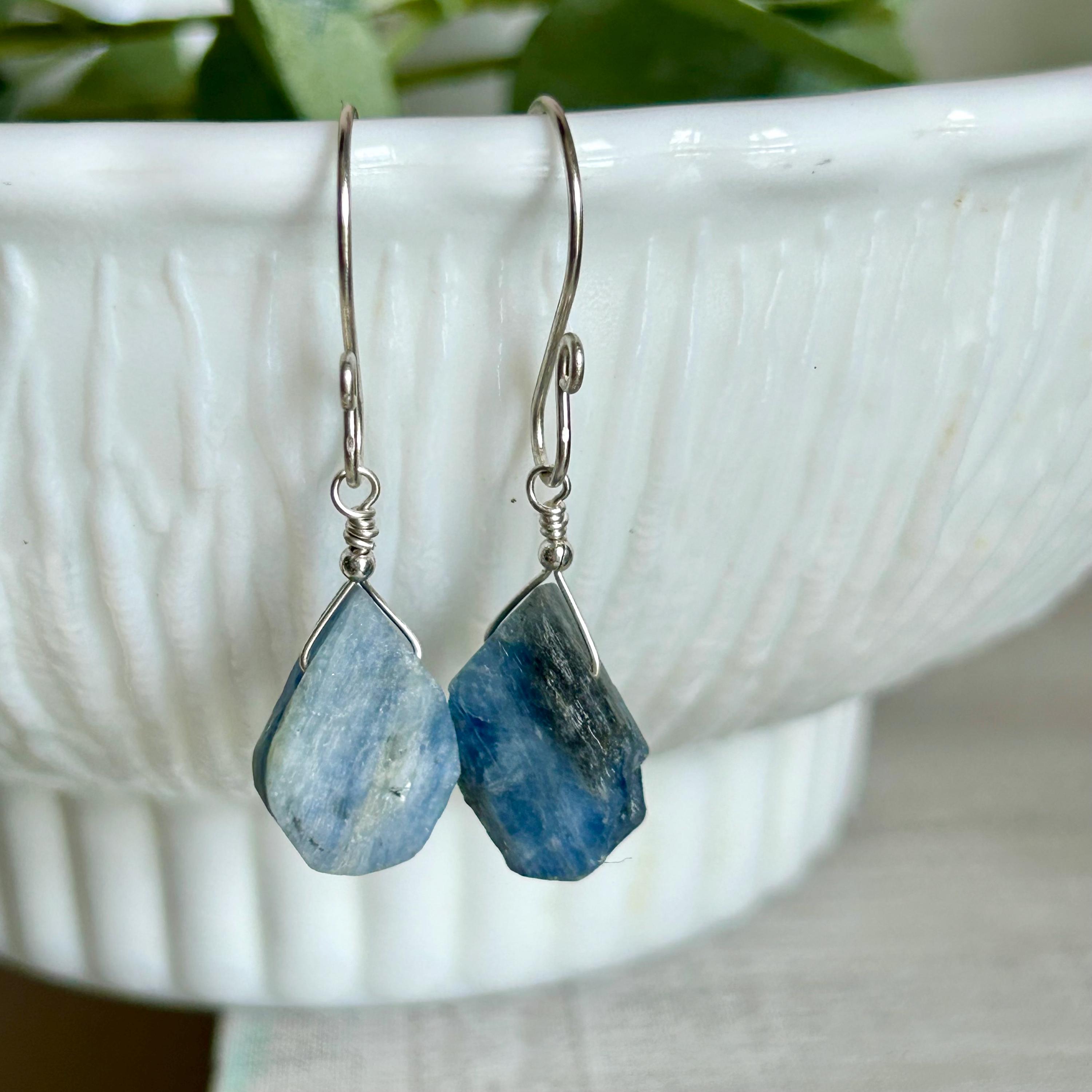 Natural kyanite gemstone teardrop earrings, raw stone dangle earrings, boho jewelry for everyday wear, nice handmade gift for wife