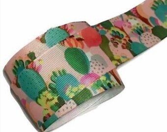 Light pink cactus printed 1.5” grosgrain ribbon by the yard for diy hair bows