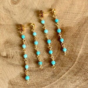 Turquoise gemstone stud earrings with earring jacket, front & back earrings, custom wire wrapped jewelry, December birthstone gift for wife