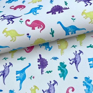 Pastel rainbow dinosaurs printed faux leather sheet, pattern vinyl fabric, for diy hair bows and earrings, full sheet