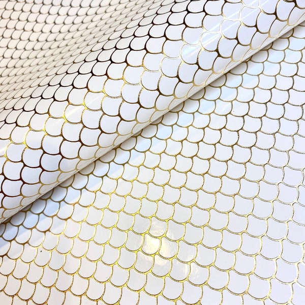 White metallic gold mermaid scales faux leather sheet vinyl fabric animal print for diy hair accessories or earrings synthetic vinyl leather