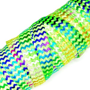 Neon green metallic rainbow chevron print 5/8&quot; fold over elastic FOE, 1-10 yards, FOE by the yard, diy headbands and hair ties