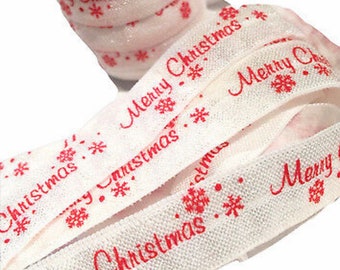 Merry Christmas print 5/8" fold over elastic FOE, stretch trim by the yard, diy headbands & hair ties