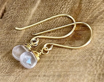 Dainty rose quartz gemstone drop earrings, pink stone dangle earrings, women’s jewelry gift, minimalist crystal earrings for everyday