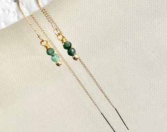 Emerald threader chain drop earrings, May birthstone jewelry, custom gemstone dangle earrings, unique Christmas gifts for her