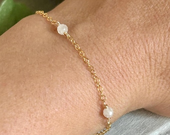 Moonstone gemstone bracelet, June birthstone, custom layering bracelet, jewelry anniversary gift for wife, dainty beaded chain bracelet