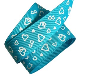 Turquoise blue hearts printed 1" grosgrain ribbon by the yard diy hair bows