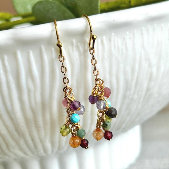 Rainbow Gemstone Drop Earrings – Multicolor Cascade Crystal Dangle, Long Birthstone Jewelry Gift for Her, Holiday Earrings
