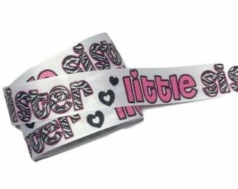 Little sister printed 7/8" grosgrain ribbon, trim by the yard, DIY hair bows