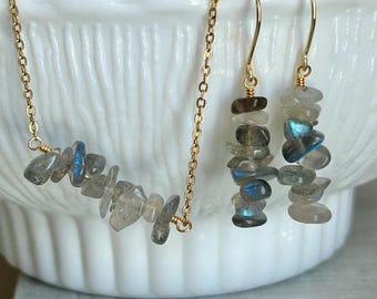 Labradorite gemstone earrings & necklace set, custom stone dangles, stone jewelry bundle, Christmas gift for mom, gifts for her birthday