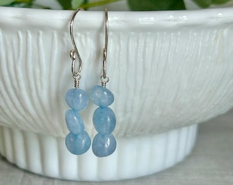 Aquamarine pebble gemstone drop earrings, March birthstone stone earrings, dainty everyday crystal jewelry, Christmas gift for mom