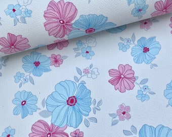 Light blue & pink floral print faux leather sheets, pattern vinyl fabric, flower leather material, spring leather for hair bows