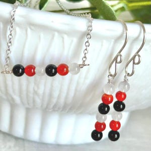 Halloween necklace & earrings jewelry set, dainty black white and orange gemstone bundle, jewelry gift for girlfriend, spooky season dangles