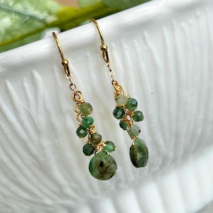 Emerald Gemstone Drop Earrings – Cascade Crystal Dangle, Long May Birthstone Jewelry Gift for Her, Unique Christmas Gift for Wife