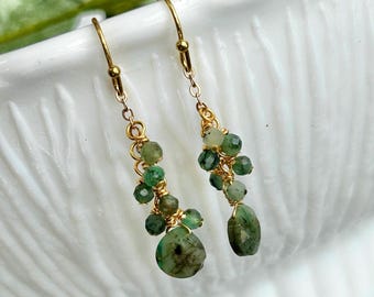 Emerald Gemstone Drop Earrings – Cascade Crystal Dangle, Long May Birthstone Jewelry Gift for Her, Unique Christmas Gift for Wife