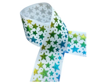 Holographic ombre stars printed 1.5” grosgrain ribbon, ribbon by the yard, for diy hair bows