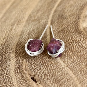 Raw ruby stud earrings, July birthstone birthday gift, natural ruby gemstone earrings, handmade boho gift, minimalist wire wrapped jewelry