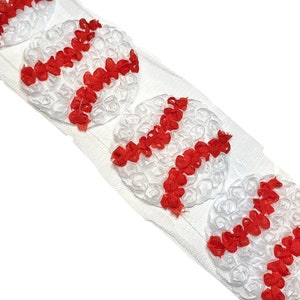May include: White fabric trim featuring a repeating pattern of baseballs. Each baseball is white with red stitching, creating a sporty and decorative design. The trim is ideal for crafting or embellishing projects.