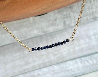 Sapphire gemstone bar necklace, September birthstone blue layering necklace jewelry gift for her anniversary beaded necklace gift for wife