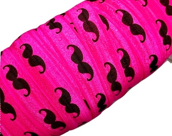 1 yards neon pink mustache print 5/8" fold over elastic FOE