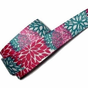 Pink & teal floral printed 1&quot; grosgrain ribbon by the yard for diy hair bows