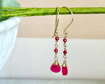 Hot pink chalcedony gemstone drop earrings, long dangle earrings, stylish jewelry for everyday, anniversary gift, bright summer accessories