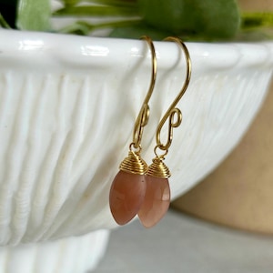 Chocolate moonstone marquise gemstone earrings, teardrop stone drop earrings, petite crystal jewelry, brown autumn accessories, gift for mom