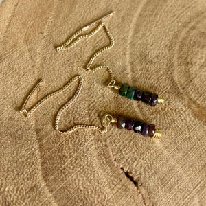 Black Ethiopian opal gemstone threader earrings, dainty chain drop dangles, minimalist jewelry for everyday, long birthstone earrings