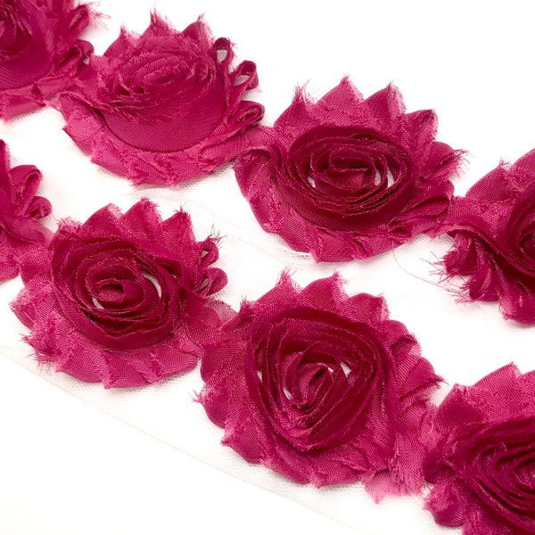 Plum purple 2.5" shabby chiffon rose trim by the yard frayed fabric flowers diy headbands hair bows rosettes appliques