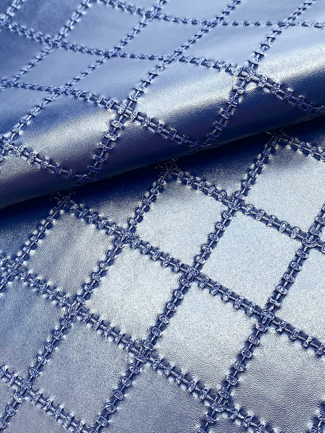 Navy Blue Solid Argyle Weave Textured Faux Leather Sheet, Synthetic ...