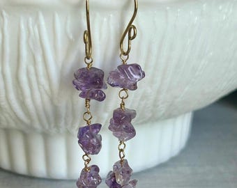 Amethyst gemstone drop earrings, February birthstone jewelry, raw stone earrings, long dangle crystal earrings, Christmas gift for wife